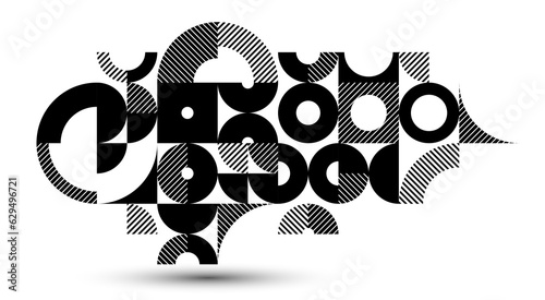 Abstract geometric black and white vector background, modular tiling stripy art with circles and other shapes, monochrome retro style artistic motif isolated.