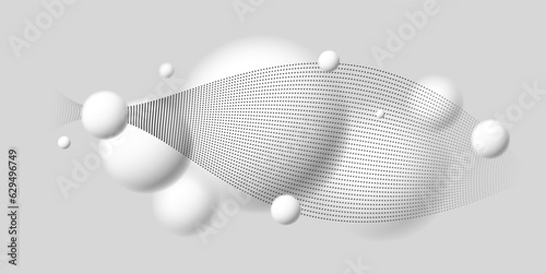 Defocused light levitating spheres with particles wave flowing atmospheric ambient vector background, 3D balls dynamic design, soft and easy futuristic wallpaper.