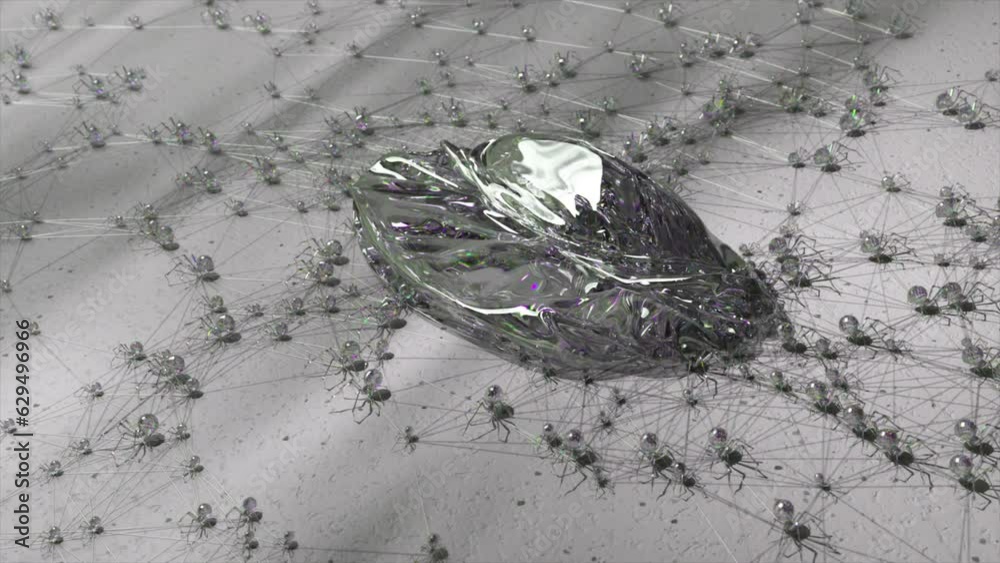 Diamond falls to the hard floor, many small diamond spiders spill out of it and leave an empty soft shell. Green neon 