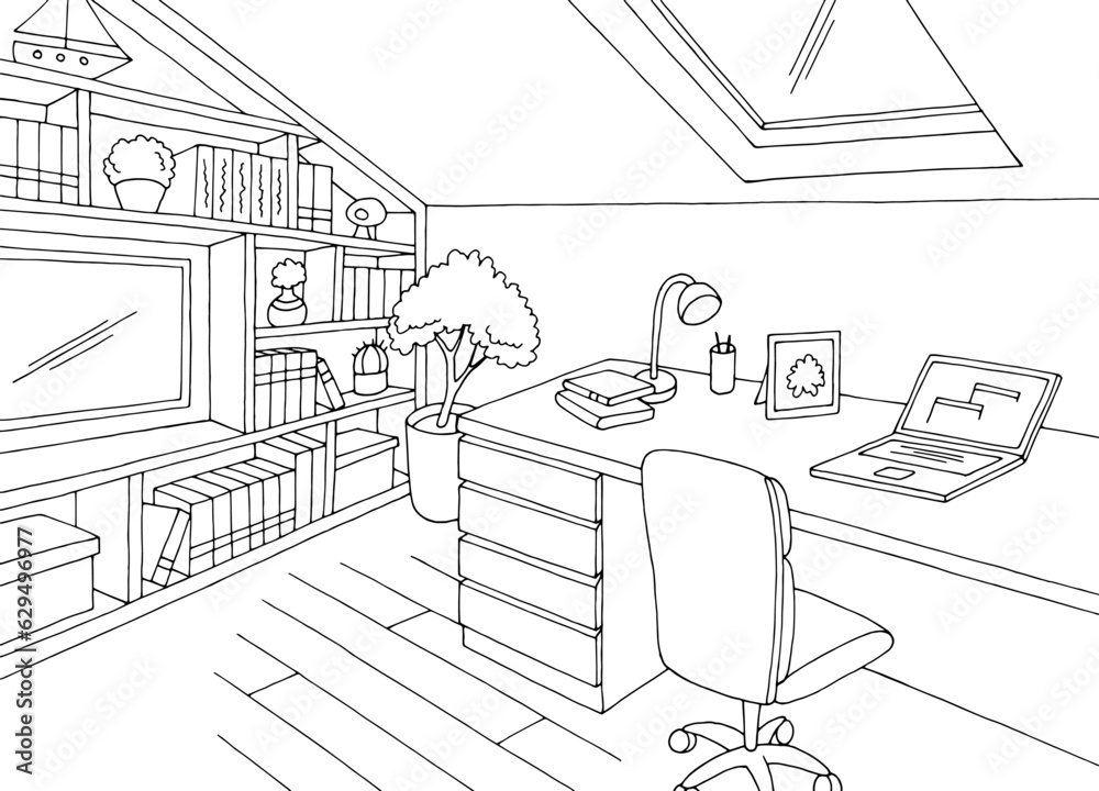 Attic home office graphic black white interior sketch illustration vector