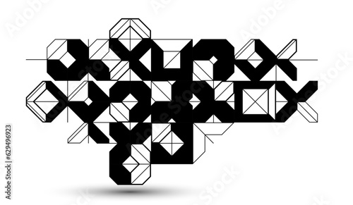 Abstract vector geometric background, tech engineering look like shapes and lines composition, mechanical engine industry style, black and white.