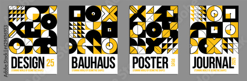 Abstract geometric posters and covers set, vector background pattern magazine or catalog templates, technic style geometric shapes composition.
