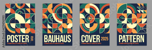 Abstract geometric posters and covers set in native ceramic colors, vector background pattern magazine or catalog templates, technic style geometric shapes composition.