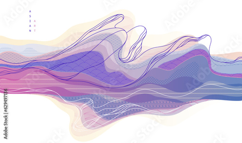 Oriental Japanese style vector abstract illustration, background in Asian traditional style, wavy shapes and mountains terrain, runny like sea lines.