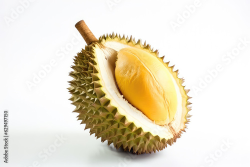 Durian fruit with cut in half isolated on white background. Exotic tropical fruit.