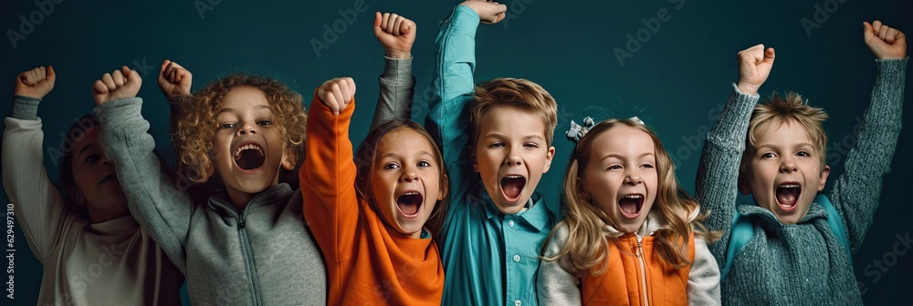 Kids cheering and celebrating on blue background studio, ai generated
