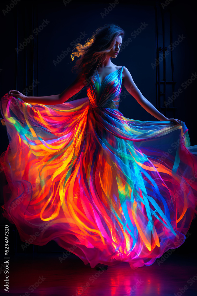 Woman in colorful dress standing in dark room with her hands on her hips.