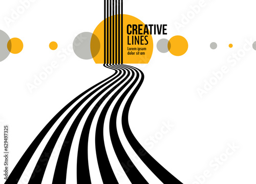 Linear composition vector road to horizon, abstract background with lines in 3D perspective, optical illusion op art, black and yellow colors.
