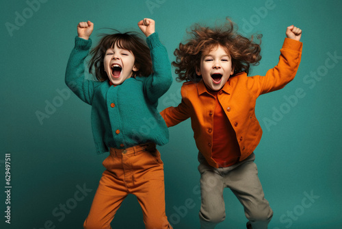 Two happy kids are smiling and laughing on blue background, ai generated