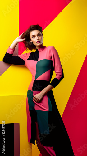 Woman in colorful dress poses in front of yellow and red background.