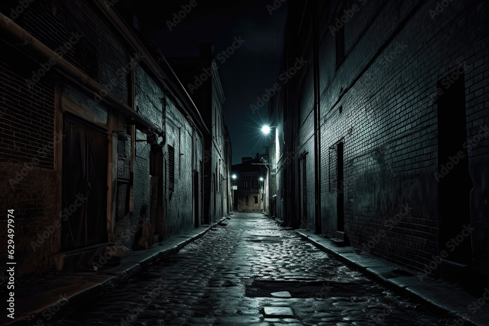 Dark creepy alley with cobbled stone street and buildings. - obrazy, fototapety, plakaty 