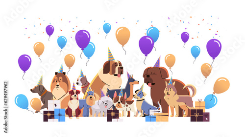 Happy national dog day greeting card various cute doggy posing in hats holiday of domestic animals concept