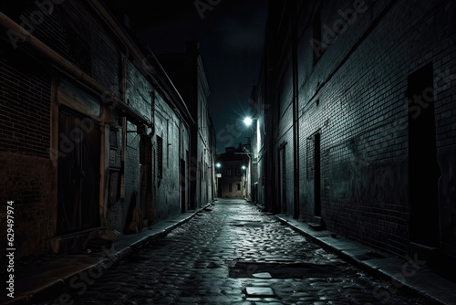 Dark creepy alley with cobbled stone street and buildings.