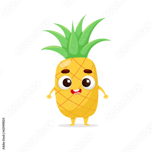 Funny cartoon pineapple. Kawaii fruit character. Vector food illustration isolated on white background