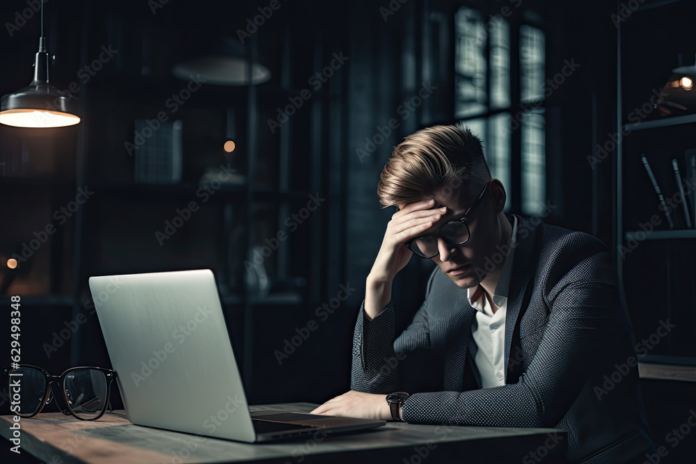 Tired, frustrated, exhausted, stressed man sitting at desk working on laptop. Male at Overnight work. Generated Ai Tired, frustrated, exhausted, stressed man sitting at desk working on laptop. Male at Overnight work. Generated Ai