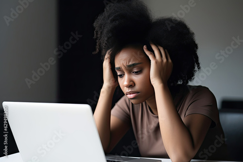 Tired, frustrated, exhausted, stressed American black woman sitting at desk working on laptop. Female at Overnight work. Generated Ai