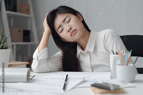 Tired, frustrated, exhausted, stressed Asian woman sitting at desk working on laptop. Female sleeping at Daylight work. Generated Ai