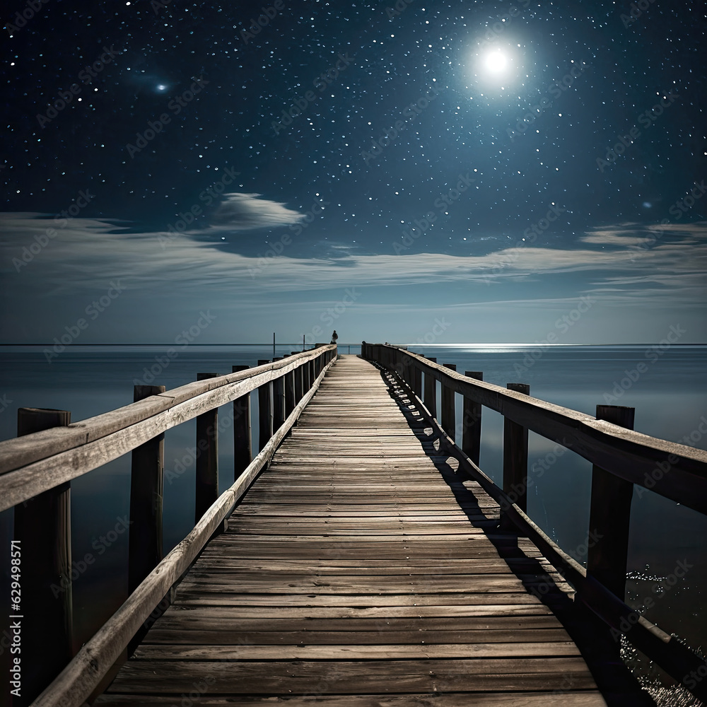 Moonlight pier with wooden walkway over water. 