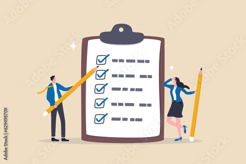 Task checklist, clipboard with to do list checkmark, task management to track work completion, accomplishment, survey or questionnaire concept, business people with pencil and checklist clipboard.