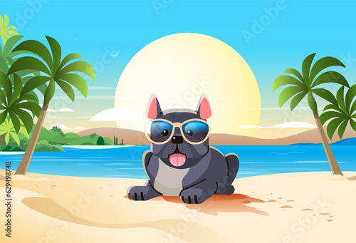 Happy national dog day greeting card cute doggy in sunglasses lying on tropical beach holiday of domestic animals concept