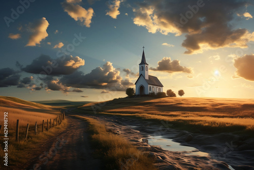 Heavenly Serenity: Church in the Countryside, Framed by Dreamy Clouds © NE97