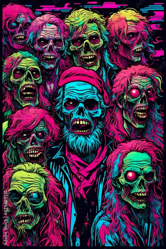 A retrowave synthwave illustration of colorful zombies. A retrowave synthwave illustration of colorful zombies.