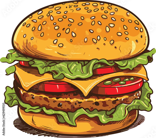 Hand drawn vector bread burger illustration with meatloaf tomato vegetarian dish, white background, delicious food for lunch and dinner, fast food