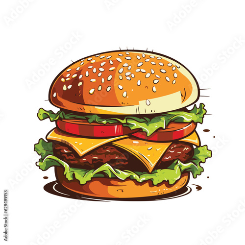 Hand drawn vector bread burger illustration with meatloaf tomato vegetarian dish, white background, delicious food for lunch and dinner, fast food