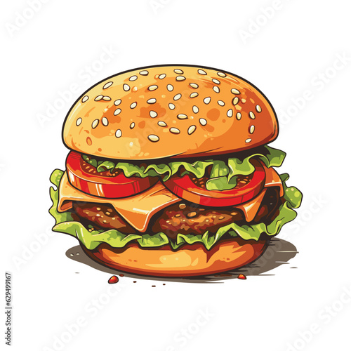 Hand drawn vector bread burger illustration with meatloaf tomato vegetarian dish, white background, delicious food for lunch and dinner, fast food