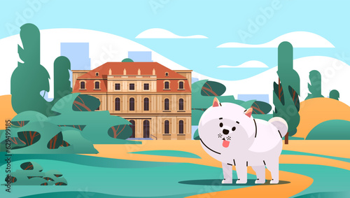 Happy national dog day greeting card cute doggy walking in urban park holiday of domestic animals concept
