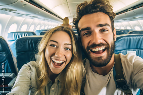 A happy young couple taking selfies in a plane while going on vacation © Adrian Grosu