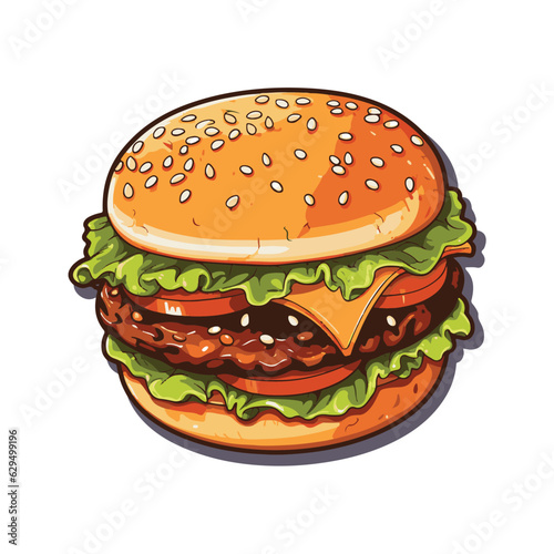 Hand drawn vector bread burger illustration with meatloaf tomato vegetarian dish, white background, delicious food for lunch and dinner, fast food