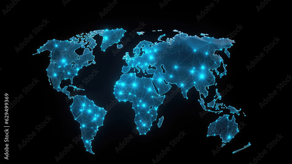 3d World map network connection glowing polygonal triangle neon lines on dark black background. World connection futuristic concept, website landing page template design. Generative AI