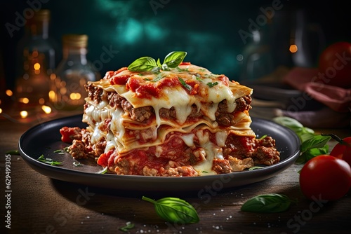 Tasty lasagne with meat covered with cheese served decorated fresh basil leaves on white plate on wooden table. Close up. Italian cuisine. Generative AI.