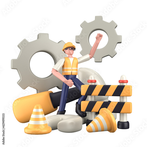 3d illustration of engineer with gear wheel and traffic cones. Labor Day. Isolated transparent background.