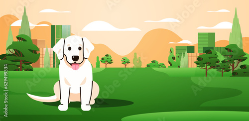 Happy national dog day greeting card cute doggy walking in urban park holiday of domestic animals concept