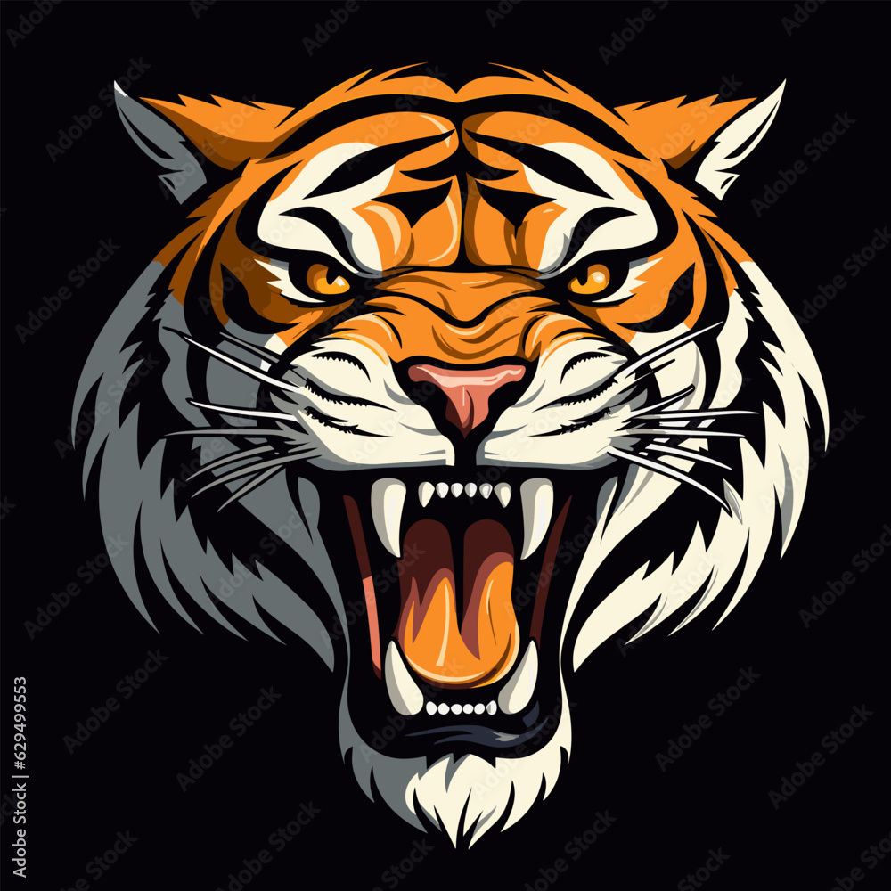 Tiger's head with open mouth and sharp teeth on black background.
