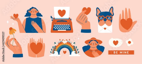 Creative Valentine's Day cliparts. Romantic modern vector illustrations with women, girl holding heart, hand holding flower, french bulldog holding love mail, vintage typewriter with page, rainbow. 