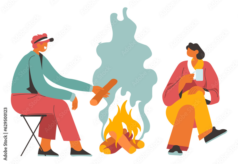 Couple camping getting warm by bonfire vector Couple camping getting warm by bonfire vector