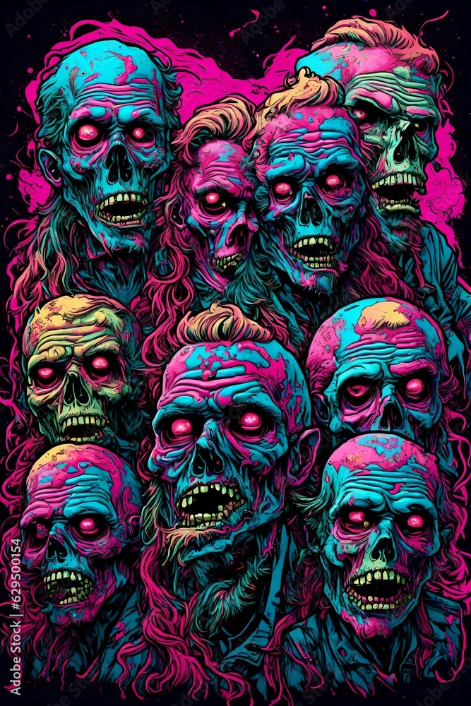 A retrowave synthwave illustration of colorful zombies. A retrowave synthwave illustration of colorful zombies.