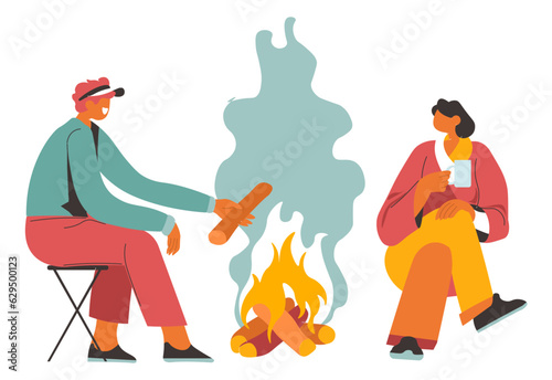 Couple camping getting warm by bonfire vector