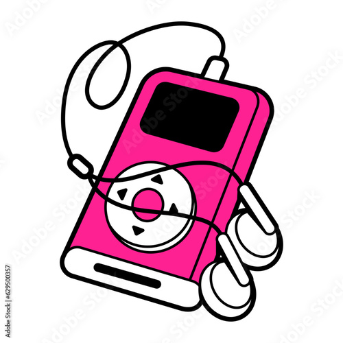 Vector flat retro illustration of 00s pink audio player with headset. Hand drawn sketch photo