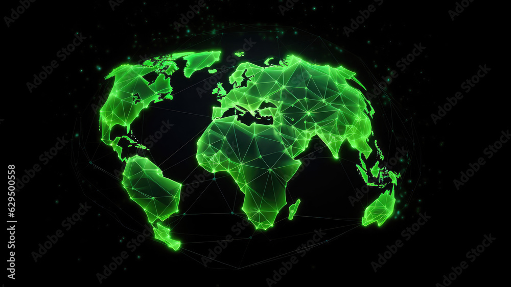 3d World map network connection glowing polygonal triangle neon lines on dark black background. World connection futuristic concept, website landing page template design. Generative AI