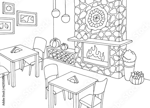 Cafe with a fireplace interior graphic black white sketch illustration vector