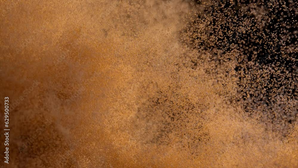 Bronze sand cover blown off on a black isolated background. Airflow. Grains of sand. Slow motion. 3d animation