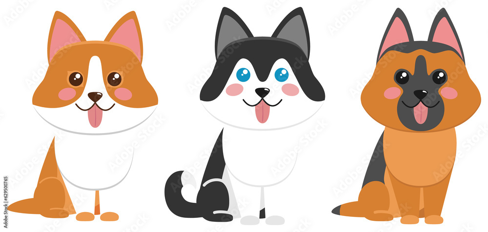 Cute dogs of the Husky, Corgie and German Shepherd breed. Illustration on transparent background Cute dogs of the Husky, Corgie and German Shepherd breed. Illustration on transparent background