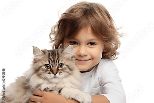 Happy Girl Kid and Pet Cat Face Shot Isolated on Transparent Background. AI
