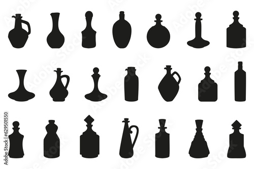 Bottle and jug silhouette collection. Oil, potion, alcohol, perfume black bottle silhouette. Set of black jug silhouette