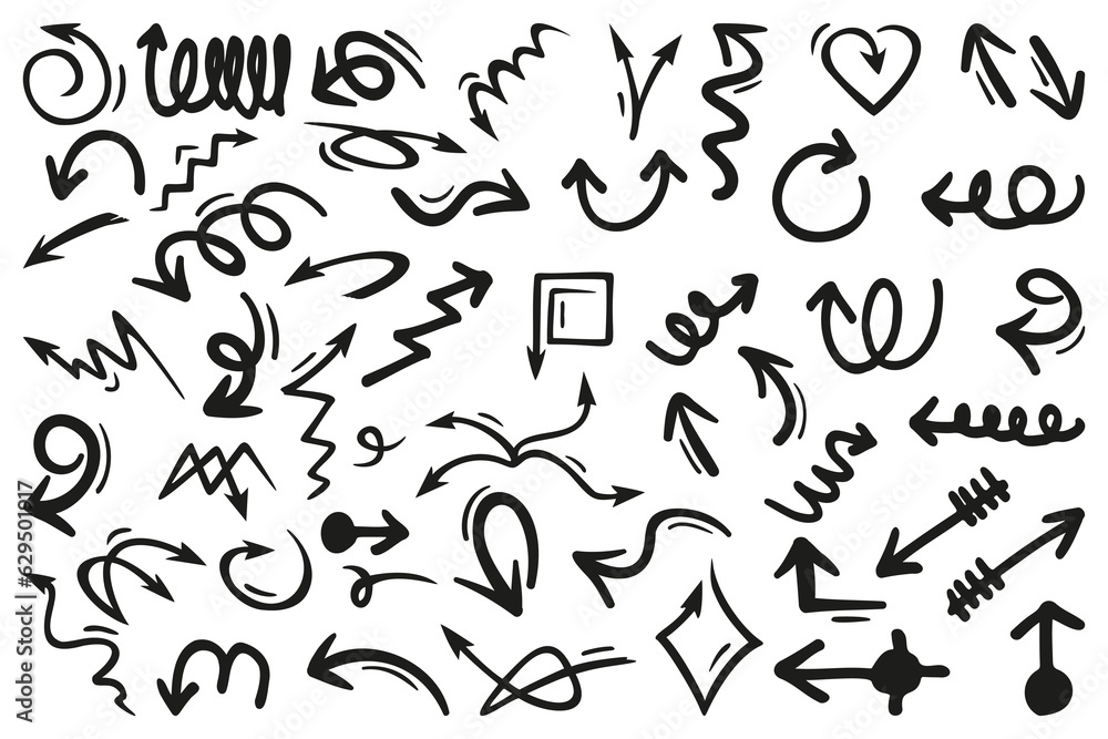 Hand drawing black arrow collection. Abstract arrow collection. Black pointer arrow icons