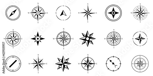 Black navigation compass icon collection. Set of abstract compass icons